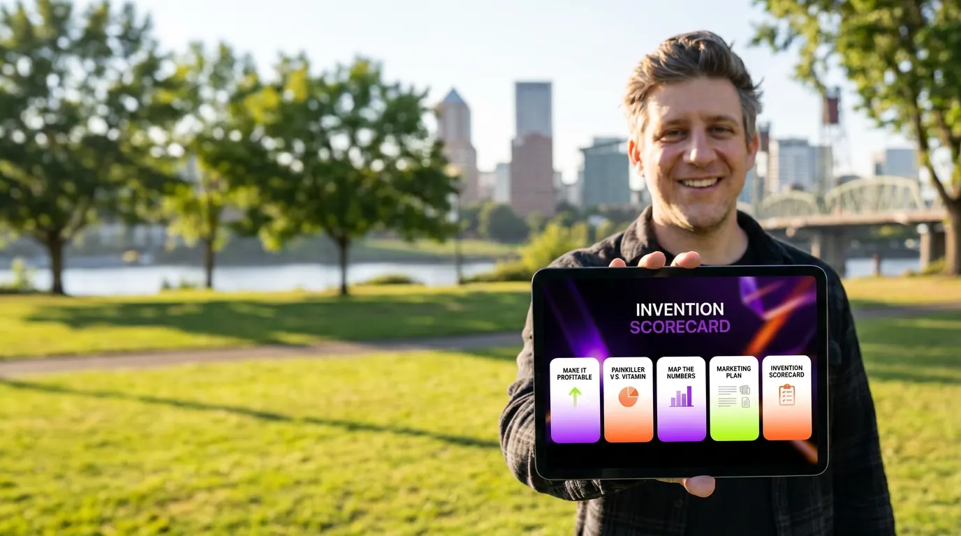 Jake Singer holding a tablet showing the Invention Scorecard